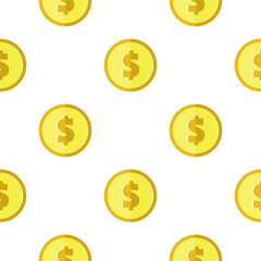 Golden coins with dollar sign seamless pattern. Wrapping background with repeating USA currency symbols. Money icons on white. Vector eps8 illustration.