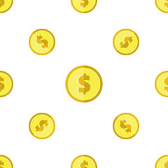 Abstract golden coins with dollar sign seamless pattern. Wrapping background with repeating USA currency symbols in gold colors on white. Vector eps8 illustration.
