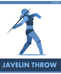 Javelin throw pictogram. Woman competes in javelin-throwing. Icon of sportswoman track and field. Women or girls athletics. International female summer sports. Symbolic image. Vector 