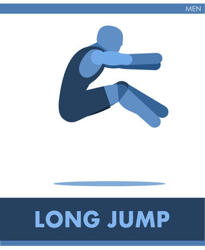 Long jump pictogram. Man competes in long jumping. Icon of sportsman track and field. Men or boys athletics. International male summer sports. Symbolic image is one of a series.  Vector isolated