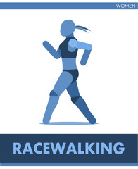 Racewalking pictogram. Woman competes in walking. Pedestrianism. Icon of sportsmantrack and field. Women or girls athletics. International female summer sports. Symbolic is one of a series. Vector