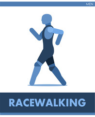 Fototapeta na wymiar Racewalking pictogram. Man competes in walking. Pedestrianism. Icon of sportsmantrack and field. Men or boys athletics. International male summer sports. Symbolic is one of a series. Vector
