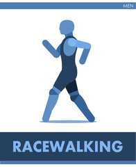 Racewalking pictogram. Man competes in walking. Pedestrianism. Icon of sportsmantrack and field. Men or boys athletics. International male summer sports. Symbolic is one of a series. Vector