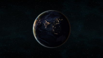 Fototapeta na wymiar Planet Earth at night (also known as Black Marble) centered on the Asian continent. 3D computer generated image. Elements of this image are furnished by NASA.