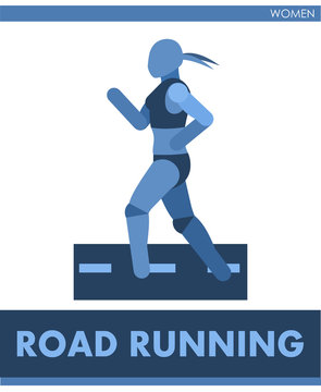 Road run pictogram. Woman competes in road running. Icon of sportswoman track and field. Women or girls athletics. Run. International female summer sports. Symbolic image is one of a series. Vector is