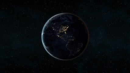 Obraz na płótnie Canvas Planet Earth at night (also known as Black Marble) centered on the North and South American continents. 3D computer generated image. Elements of this image are furnished by NASA.