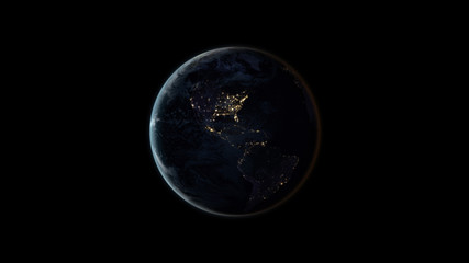 Planet Earth at night (also known as Black Marble) centered on the North and South American continents. Black background. 3D computer generated image. Elements of this image are furnished by NASA.