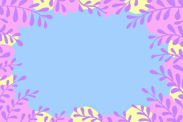 Fototapeta na wymiar Beautiful frame with blue background and pink, yellow, purple leaves, patterns