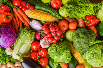 Composition with assorted raw fresh mix vegetables. Variety vegetable top view background.