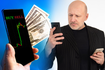 Busy businessman with two phones in hand. Stockbroker against the background of data from the exchange and banknotes. Buying and selling shares on the stock exchange.