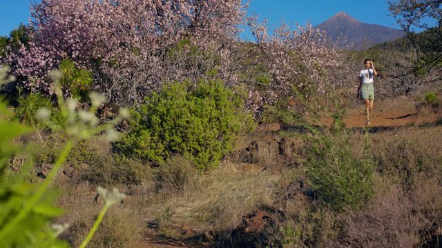 Teenager walks photographs flowers in Teide National Park, Tenerife, Europe. Spring blossom Sakura Flowers, Breathe Aroma. Young girl sniffs and Enjoys Almond blossom slide camera Shot URSA 4.6K