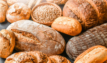 Various kind of bread with wheat top view. White bakery food concept panorama or wide banner photo.