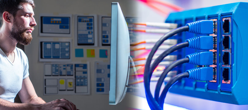 Collage on the theme of the system administrator. A man at a computer on the background of wires connected to the connectors. Development of computer networks. The job of the programmer.