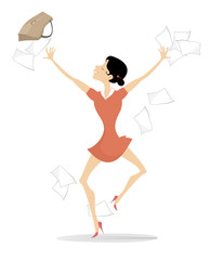 Happy businesswoman tossing papers, excited about something illustration. Pretty young woman glad of the end of work and throws up to the air a bag and document isolated on white