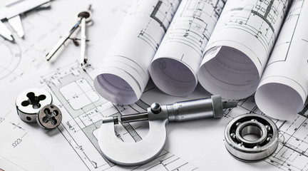 Technical drawings with measure tools. Pencil, measurement. Papers with technical drawings and...
