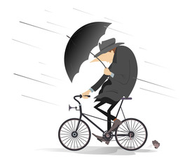 Rainy and windy day and man rides a bike illustration. Man with an umbrella rides a bike under strong wind and rain isolated on white