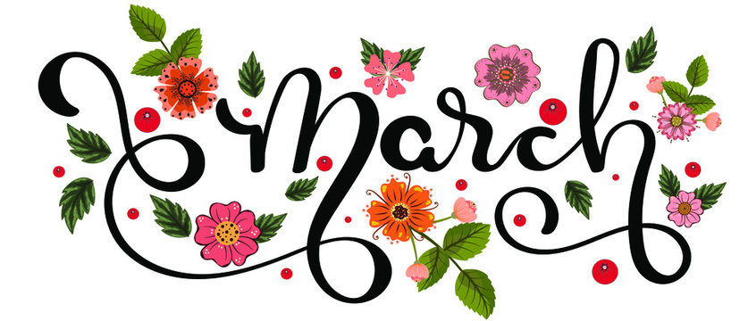 Hello march.  Hello march month decoration with flowers and leaves. Illustration month march