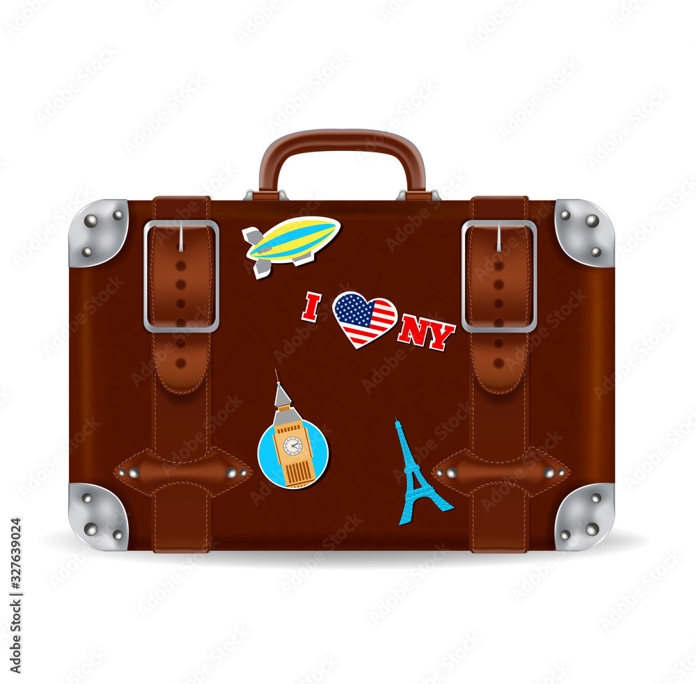 Sticker Realistic Detailed 3d Vintage Travel Bag. Vector