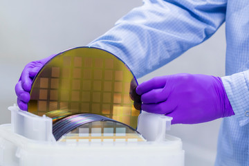 Silicon Wafer with semiconductors in plastic white storage box take out by hand in gloves inside clean room.