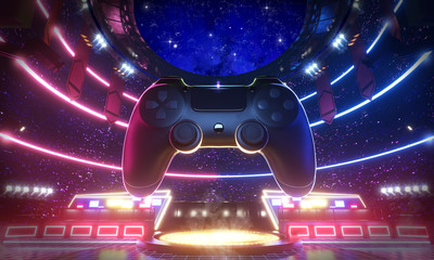Neon light glow e-sport arena with the big joy pad in middle stadium, 3d rendering background illustration. © ziiinvn