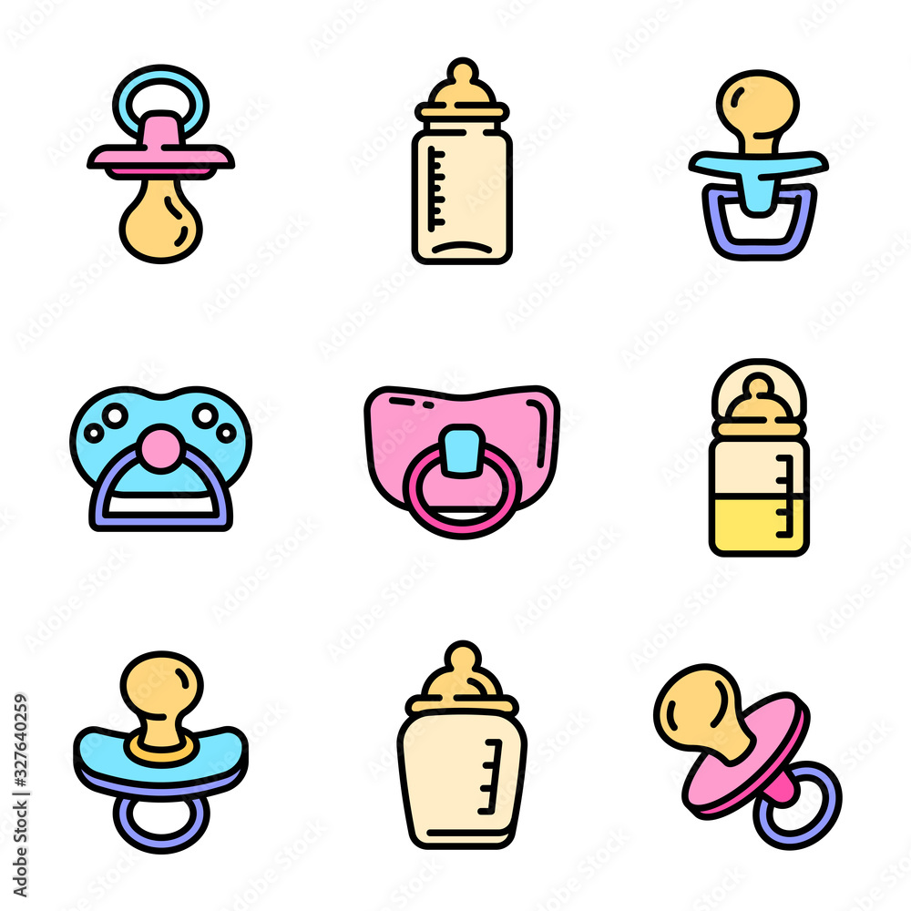 Poster pacifier icons set. outline set of pacifier vector icons for web design isolated on white background