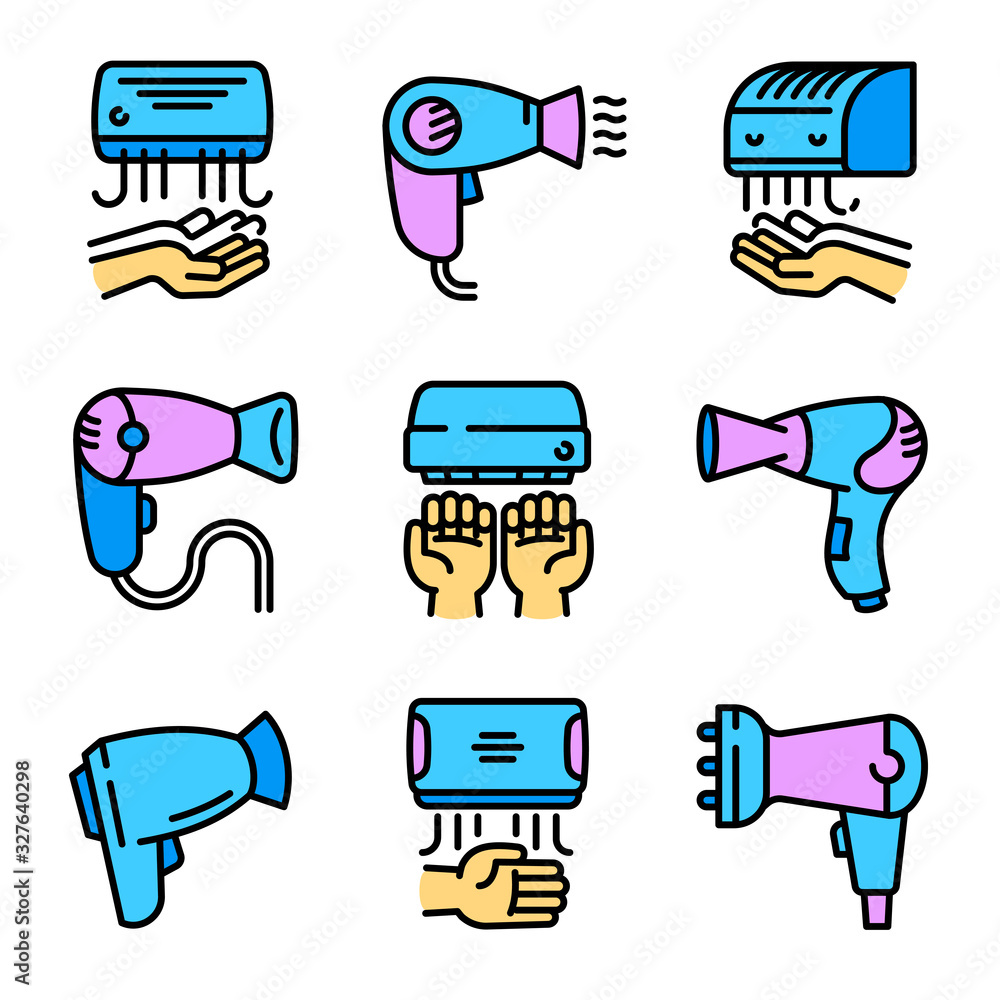 Poster dryer icons set. outline set of dryer vector icons for web design isolated on white background