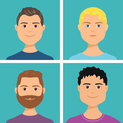 Men faces set. Cartoon male heads isolated on blue. Vector illustration of boys with different hair colors. Blond, Brown-haired with beard and mustache, brunette. Cute characters for avatars.