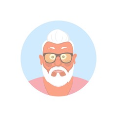 Portrait of happy old man with a mustache and beard,avatar hipster. Vector illustration in cartoon style.