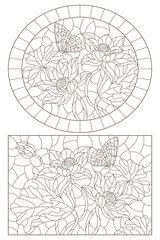 Set of contour illustrations of stained glass Windows with lotuses and butterflies, dark outlines on a white background