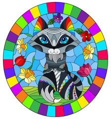 Illustration in a stained glass window with an abstract cute raccoon on a background of flowers and sky