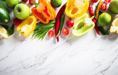 Fresh fruit, vegetable, greens on white marble background. Healthy food, clean eating. Detox,...