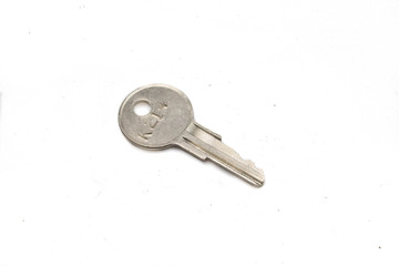 A silver padlock key, close up, isolated on a clean, white background.  Shot in macro.