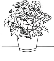 Indoor plants, flower with leaves in a pot coloring page. Hand drawing coloring book for children and adults. Beautiful drawings with patterns and small details. Vector illustration.