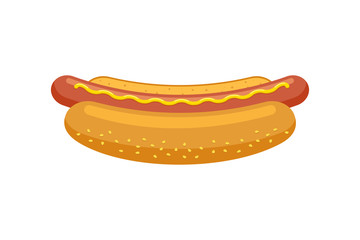 Cartoon fast food hotdog. Hot dog sausage in bread bun with mustard isolated flat vector illustration