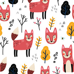 Scandinavian style ,seamless pattern with fox. Cute hand drawn design. Perfect for baby fabric, nursery room and wrapping papers - 327642219