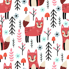 Scandinavian style ,seamless pattern with fox. Cute hand drawn design. Perfect for baby fabric, nursery room and wrapping papers - 327642234