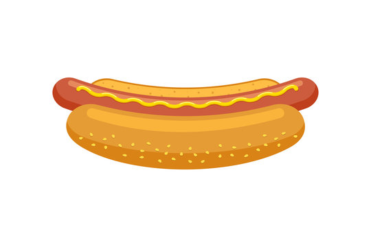 recommend clip art: Cartoon fast food hotdog. Hot dog sausage in bread bun with mustard isolated flat vector illustration