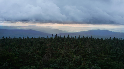 A scenic overcast view of the Green Mountains from the Long Trail in Vermont.