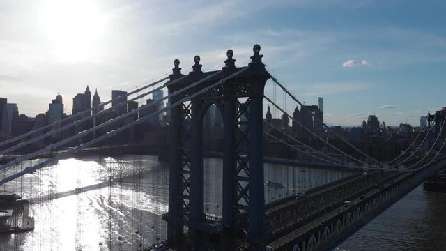 Aerial view of New York city from Manhattan Bridge and Brooklin Bridge, over East River, Unites States of America