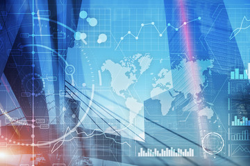 Data Analysis. Trading Control Panel on Virtual Screen Modern City Background
