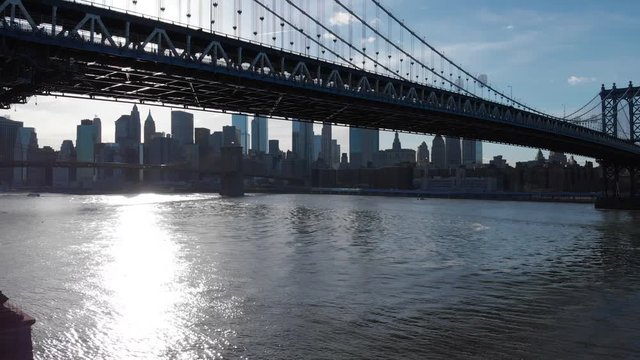 Aerial view of New York city from Manhattan Bridge and Brooklin Bridge, over East River, Unites States of America