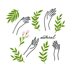Eco-friendly hand drawn illustration. Hands with plants and hand lettering. Ideal for natural cosmetics branding.