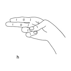 H is the eighth letter of the alphabet in sign language. Vector graphics image of a hand. The language of the deaf and dumb. Line art drawing. Black and white illustration. Fingers folded in letter h