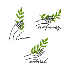Eco-friendly hand drawn illustration. Hands with plants and hand lettering. Ideal for natural cosmetics branding. - 327643451
