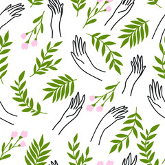 Eco-friendly hand drawn illustration. Hands with plants and hand. Ideal for natural cosmetics branding. Seamless pattern on white background. - 327643475