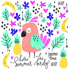 Cute doodles. Summer time set with parrot, palms, fruits and other. Bright summer card. - 327643482