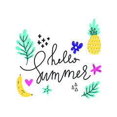 Cute doodles. Hello Summer poster. Bright summer card. - 327643497