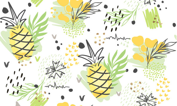 Seamless exotic pattern with tropical plants and gold elements. Vector © Tolchik