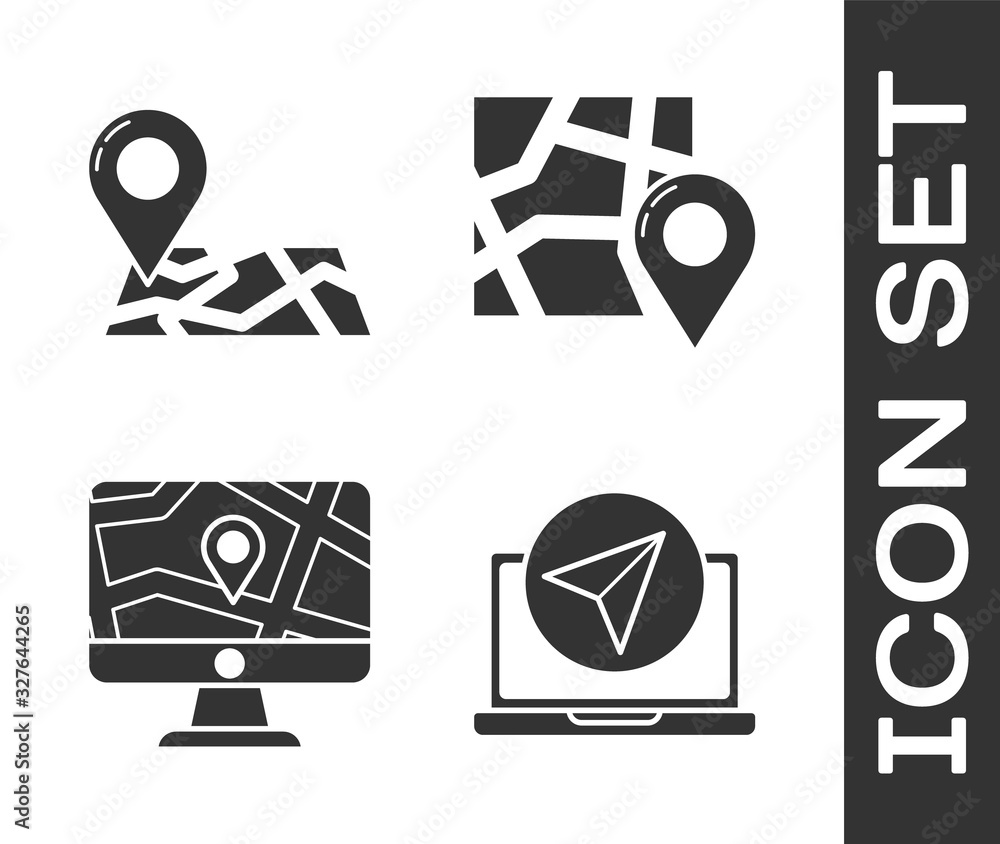 Fototapete set infographic of city map navigation, folded map with location marker, monitor and folded map with