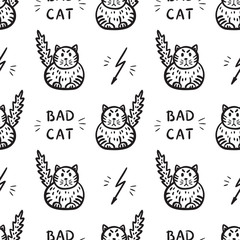 Bad Cat Vector Seamless Pattern. Background for Kids with Hand drawn Doodle Cats with lightning and phrase "Bad cat". Cartoon Animals Vector illustration in Scandinavian style